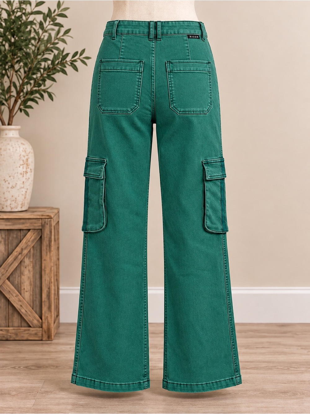 Risen Jade Green High Rise Wide Leg Cargo Jeans NWT - Picture 2 of 4